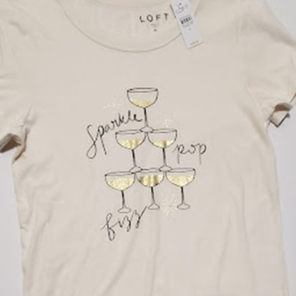 NWT LOFT Festive Metallic Gold Shimmering Champagne Glass Celebration T Size M - Picture 3 of 8